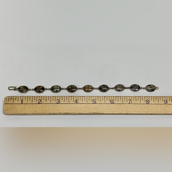 Victorian Era Antique Silver Encased Polished Stone Vintage Link Bracelet - Picture 8 of 15